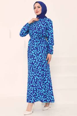 Kuşaklı Desenli Elbise Saks - 27042 - 4