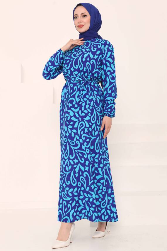 Kuşaklı Desenli Elbise Saks - 27042 - 4