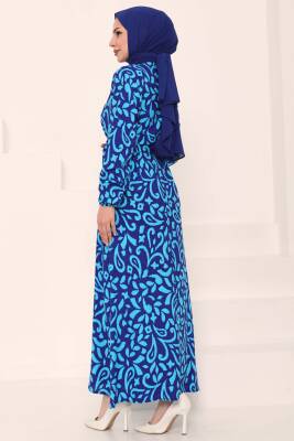 Kuşaklı Desenli Elbise Saks - 27042 - 5