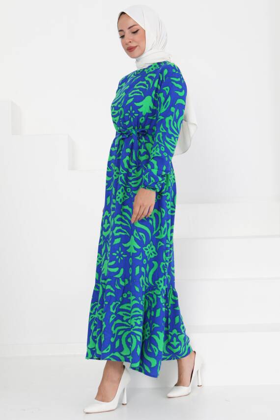 Kuşaklı Desenli Elbise Saks - 27394 - 1