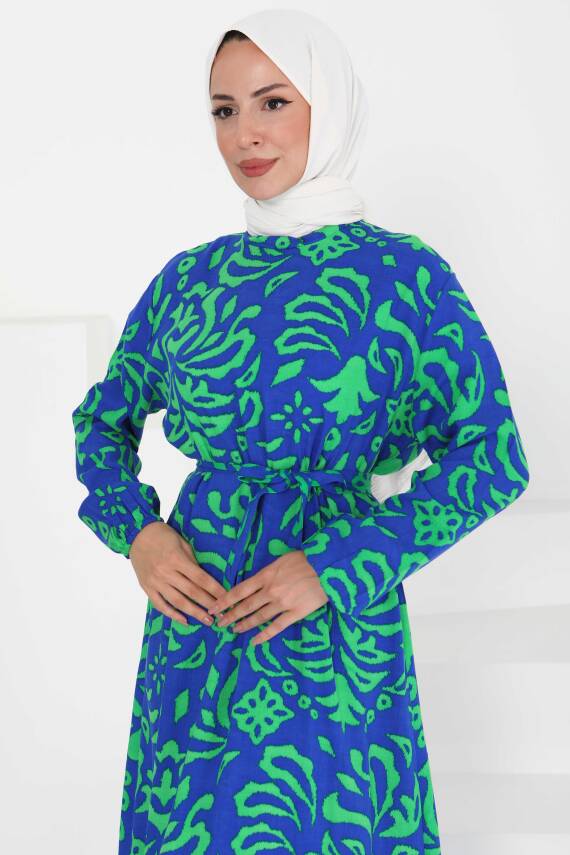 Kuşaklı Desenli Elbise Saks - 27394 - 2