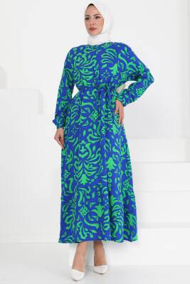 Kuşaklı Desenli Elbise Saks - 27394 - 3