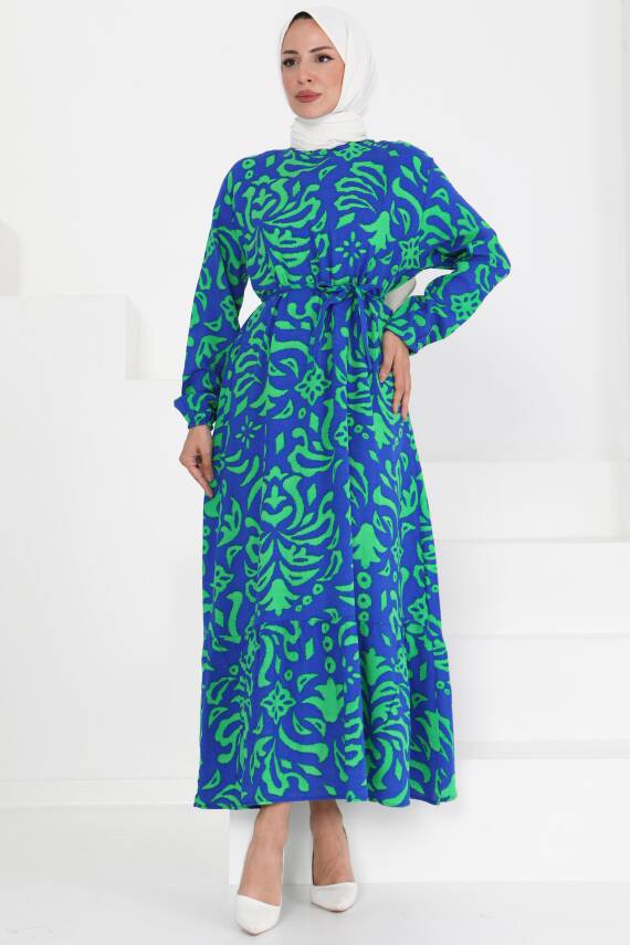 Kuşaklı Desenli Elbise Saks - 27394 - 3