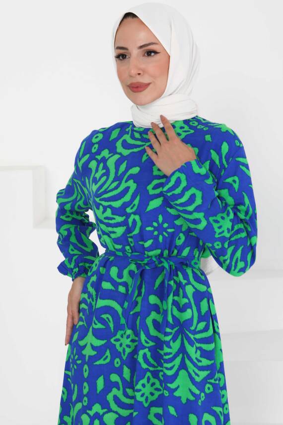 Kuşaklı Desenli Elbise Saks - 27394 - 4