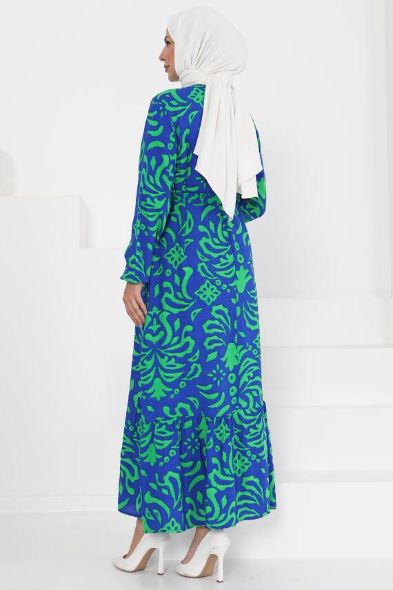 Kuşaklı Desenli Elbise Saks - 27394 - 5