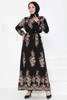 Kuşaklı Desenli Elbise Siyah - 27191 - 1