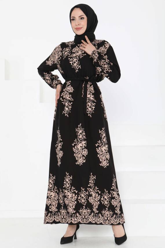 Kuşaklı Desenli Elbise Siyah - 27191 - 1