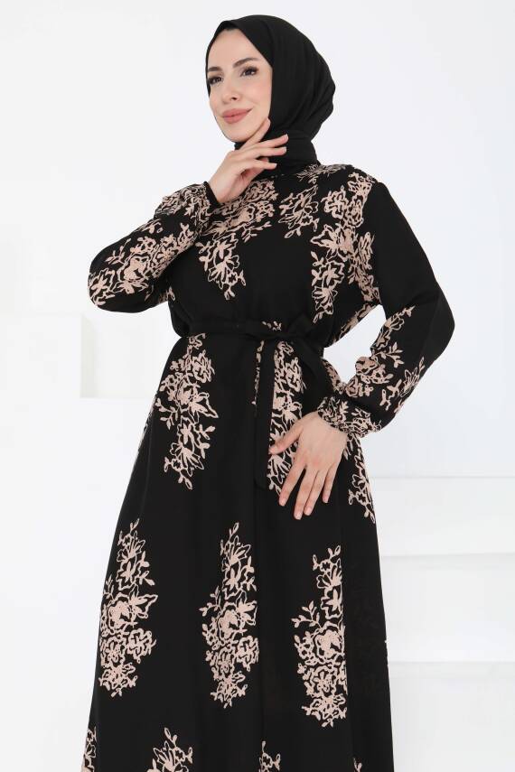 Kuşaklı Desenli Elbise Siyah - 27191 - 2
