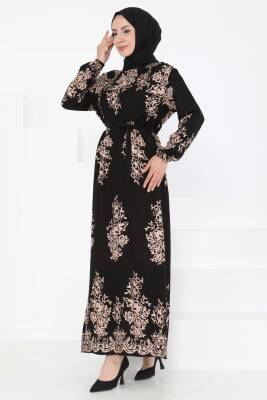 Kuşaklı Desenli Elbise Siyah - 27191 - 3