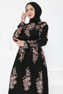 Kuşaklı Desenli Elbise Siyah - 27191 - 4
