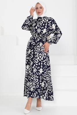 Kuşaklı Desenli Elbise Siyah - 27394 - 3