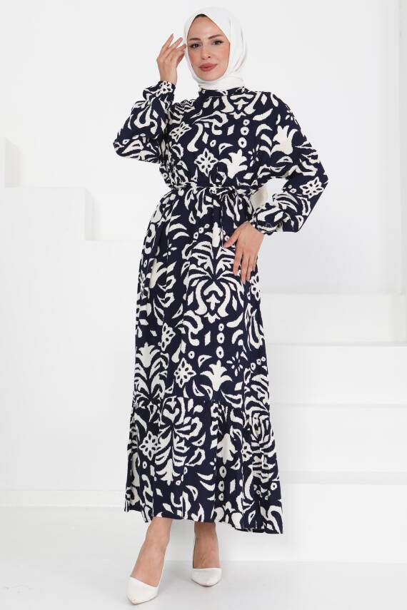 Kuşaklı Desenli Elbise Siyah - 27394 - 3