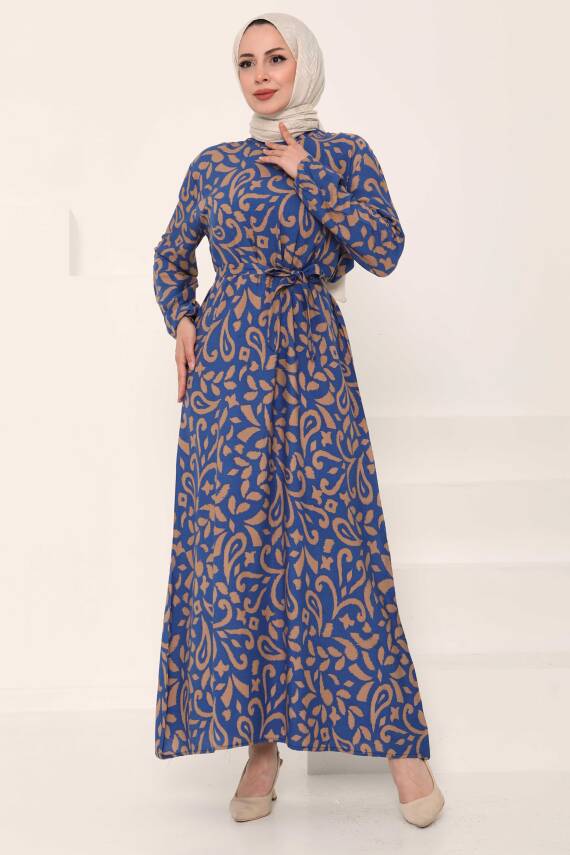 Kuşaklı Desenli Elbise Vizon - 27042 - 1