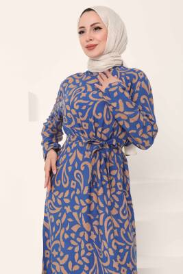 Kuşaklı Desenli Elbise Vizon - 27042 - 2