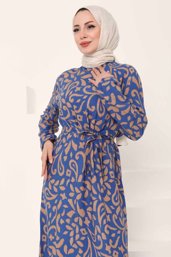 Kuşaklı Desenli Elbise Vizon - 27042 - 2
