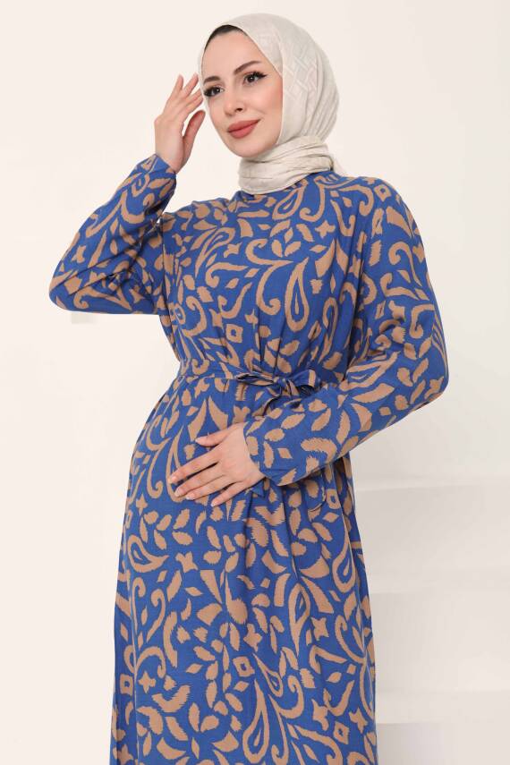 Kuşaklı Desenli Elbise Vizon - 27042 - 4