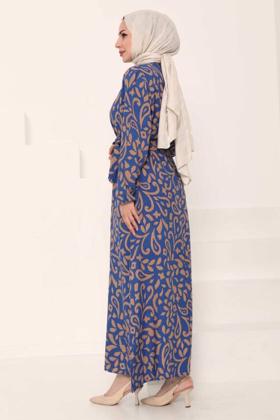 Kuşaklı Desenli Elbise Vizon - 27042 - 5