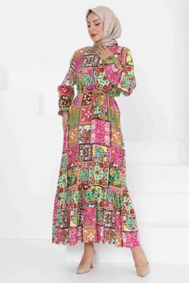 Kuşaklı Desenli Elbise Yesil - 27422 - 1