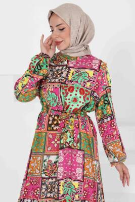 Kuşaklı Desenli Elbise Yesil - 27422 - 2