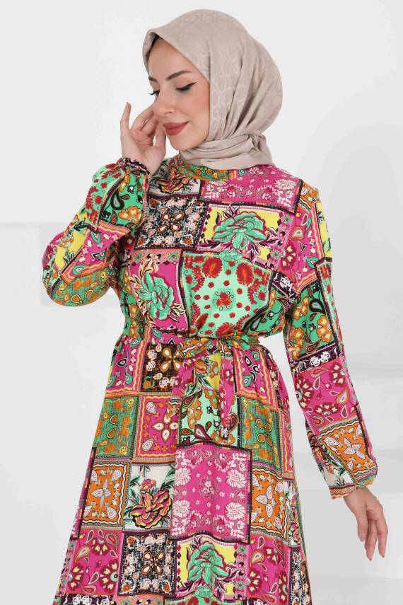Kuşaklı Desenli Elbise Yesil - 27422 - 2
