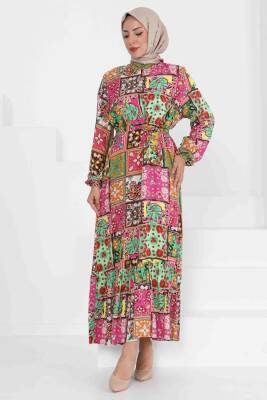 Kuşaklı Desenli Elbise Yesil - 27422 - 3