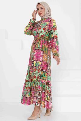 Kuşaklı Desenli Elbise Yesil - 27422 - 4