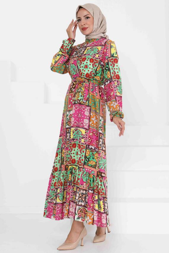 Kuşaklı Desenli Elbise Yesil - 27422 - 4