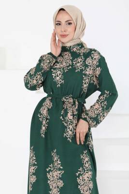 Kuşaklı Desenli Elbise Zümrüt - 27191 - 2