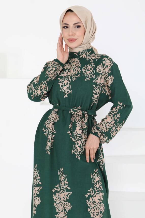 Kuşaklı Desenli Elbise Zümrüt - 27191 - 2