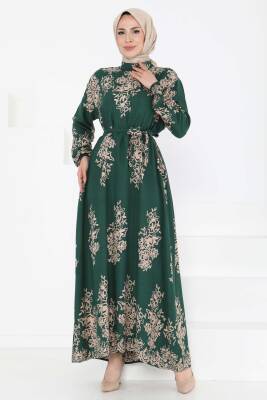 Kuşaklı Desenli Elbise Zümrüt - 27191 - 3