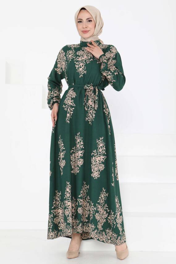 Kuşaklı Desenli Elbise Zümrüt - 27191 - 3
