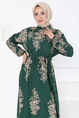 Kuşaklı Desenli Elbise Zümrüt - 27191 - 4
