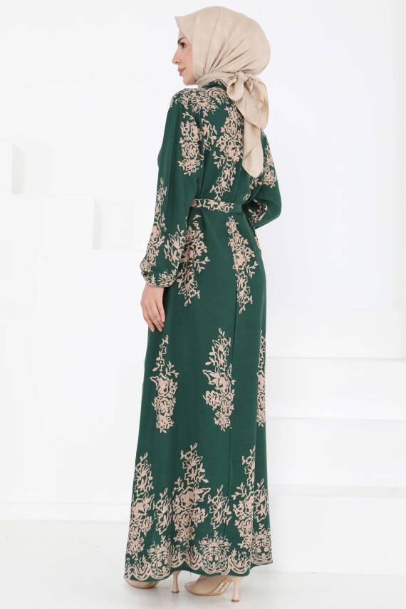 Kuşaklı Desenli Elbise Zümrüt - 27191 - 6