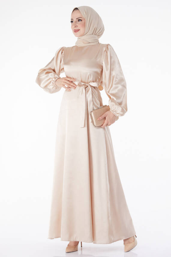 Kuşaklı Elbise Bej - 13160 - 1