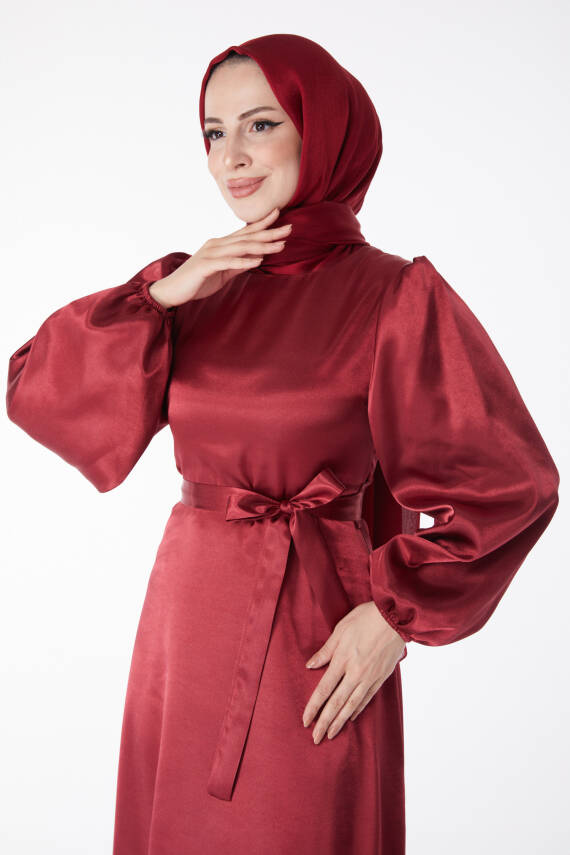 Kuşaklı Elbise Bordo - 13160 - 2