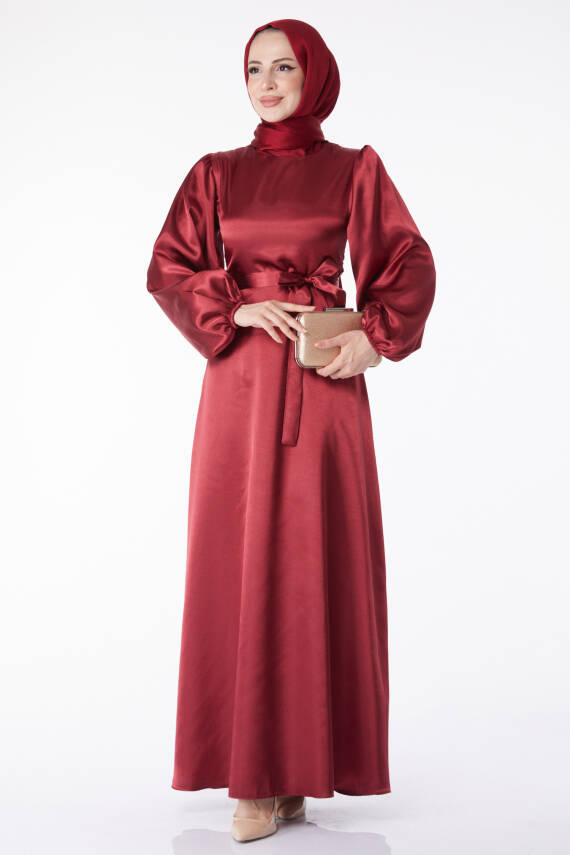 Kuşaklı Elbise Bordo - 13160 - 3