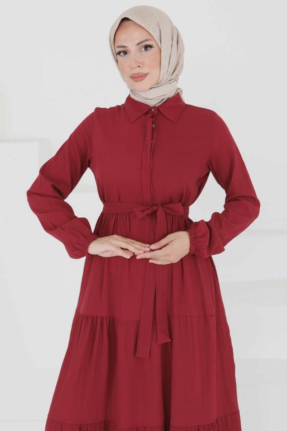 Kuşaklı Kat Kat Elbise Bordo - 27345 - 4