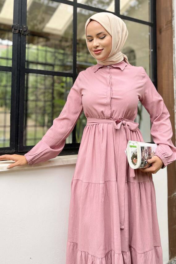 Kuşaklı Kat Kat Elbise Gül - 27345 - 4