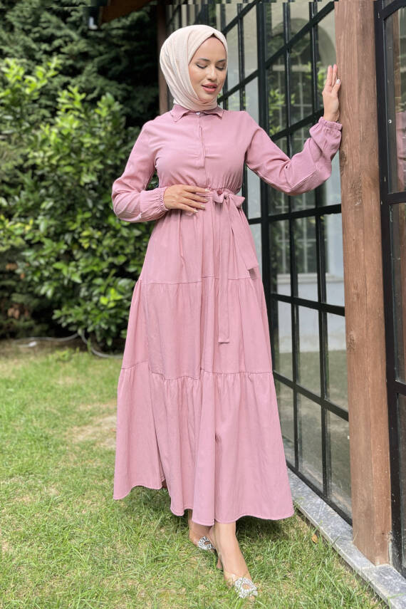 Kuşaklı Kat Kat Elbise Gül - 27345 - 5