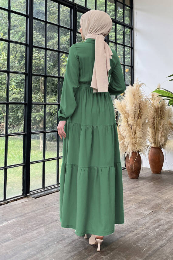 Kuşaklı Kat Kat Elbise Haki - 27345 - 5