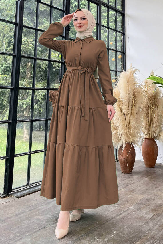 Kuşaklı Kat Kat Elbise Kahve - 27345 - 1