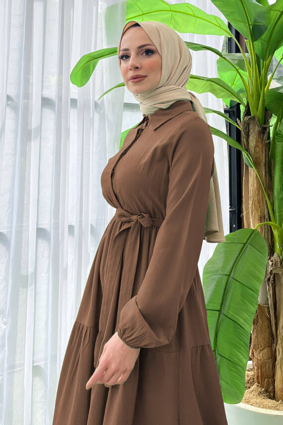 Kuşaklı Kat Kat Elbise Kahve - 27345 - 2