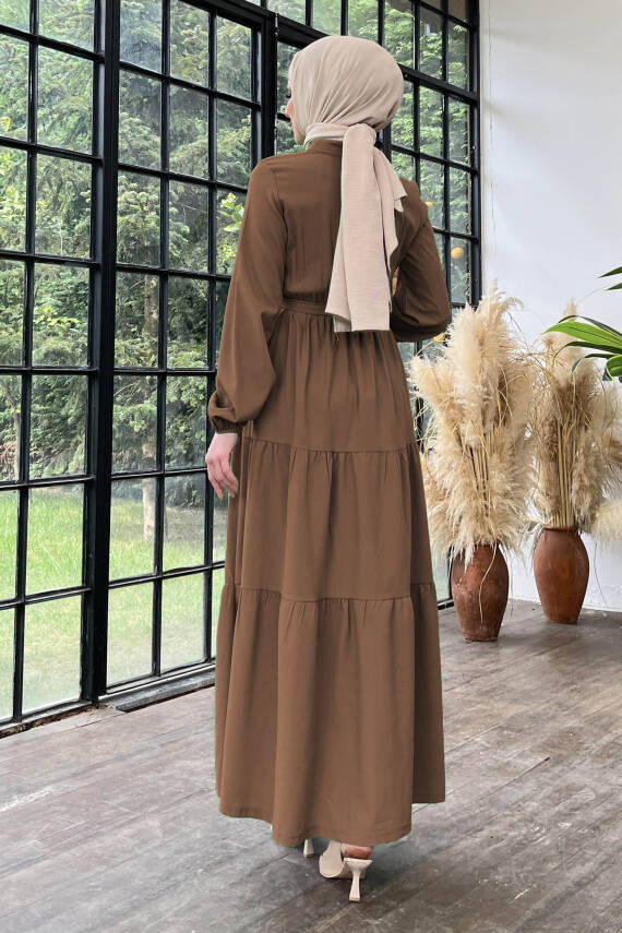 Kuşaklı Kat Kat Elbise Kahve - 27345 - 4