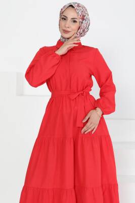 Kuşaklı Kat Kat Elbise Kirmizi - 27283 - 3