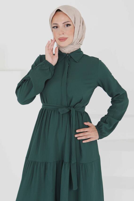 Kuşaklı Kat Kat Elbise Zümrüt - 27345 - 1