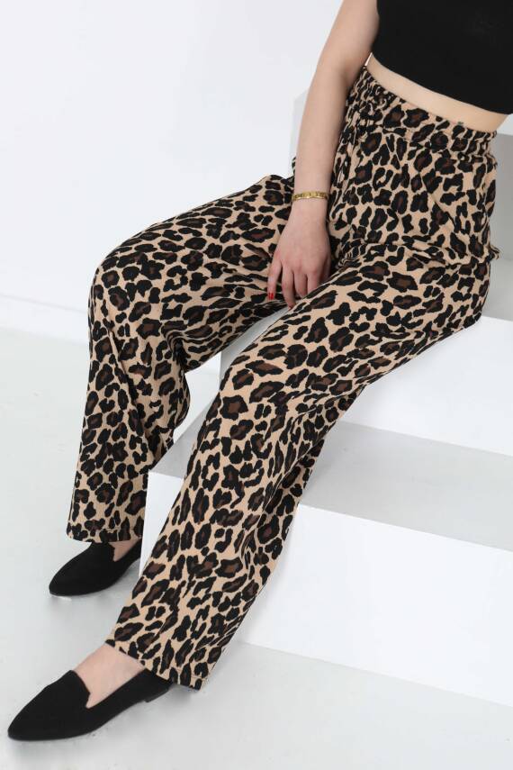 Leopar Desenli Lastikli Pantolon Vizon - 27129 - 1