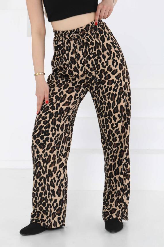 Leopar Desenli Lastikli Pantolon Vizon - 27129 - 2