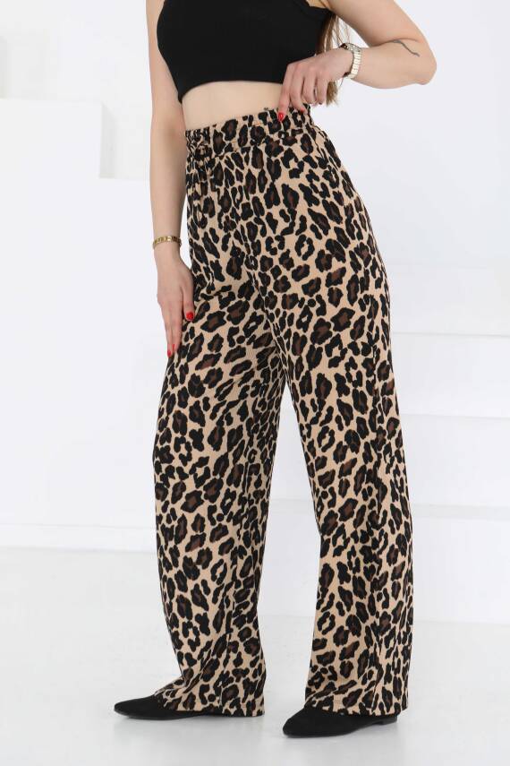Leopar Desenli Lastikli Pantolon Vizon - 27129 - 4