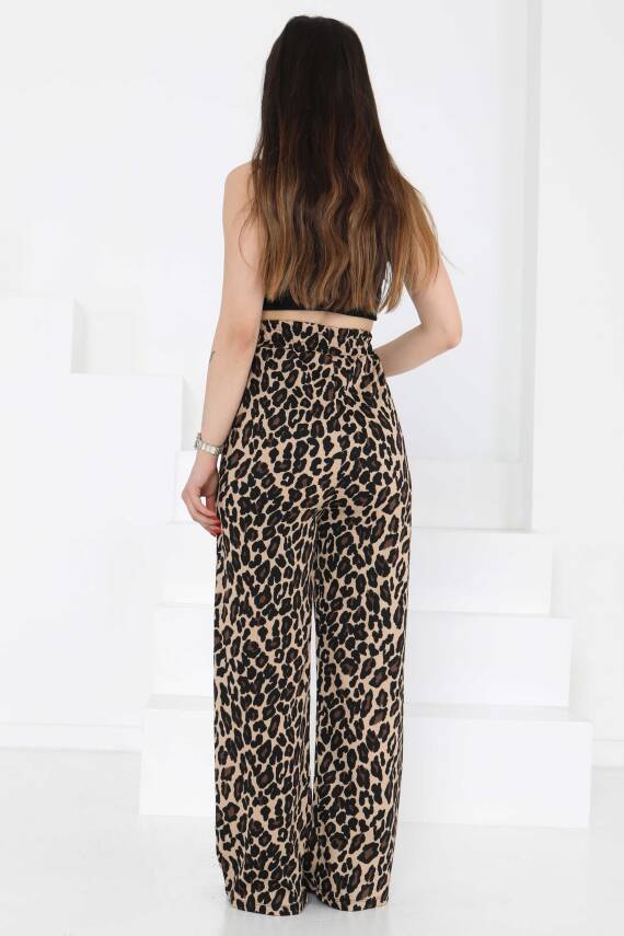 Leopar Desenli Lastikli Pantolon Vizon - 27129 - 5