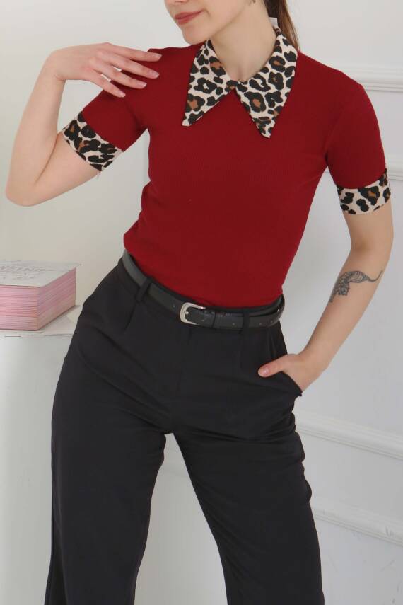Leopar Yakalı Crop Bordo - 27136 - 1